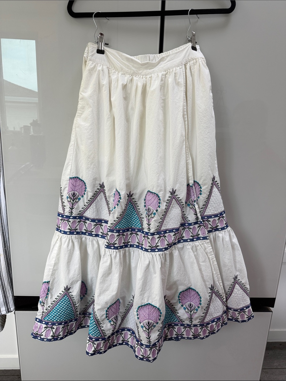 Anthropology White Embroidered Tiered Skirt with Purple & Teal Accents - Picture 1 of 7